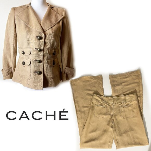 Cache Linen Blend Vintage Tan Pant Suit | Size XS for jacket; 0 for pants | EUC - Picture 1 of 15